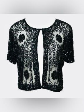 Adrianna Papell Black Beaded Sheer Embellished Cardigan Shrug Size Small